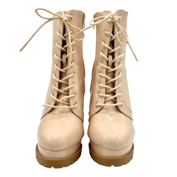 Wild Diva Lounge Vivian Nude Block Heel Platform Booties Size 7.5 Side Zip Lace - Picture 3 of 8